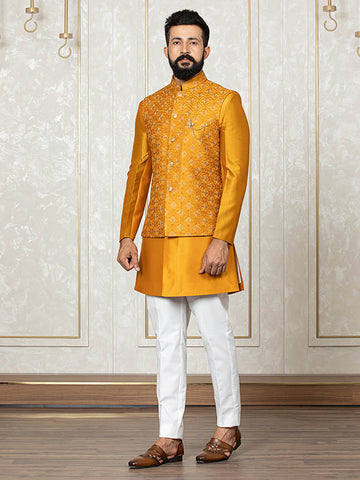 Haldi Yellow Indo Kurta Set with Zari Embroidered Nehru Jacket