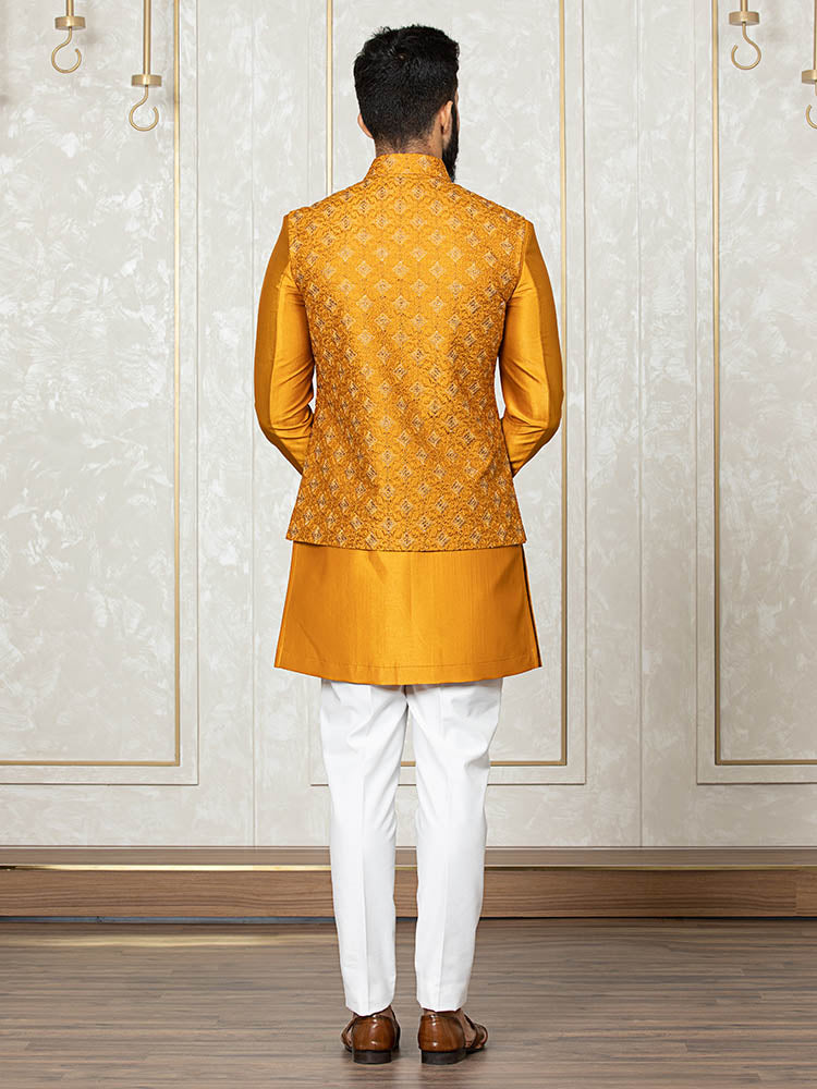 Haldi Yellow Indo Kurta Set with Zari Embroidered Nehru Jacket