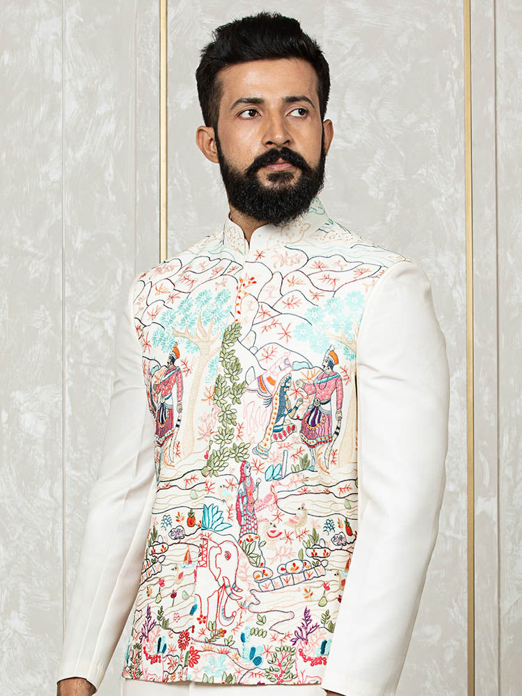 Fire Silk Nehru JacketCream Indo Kurta Set with Embroidered Nehru Jacket