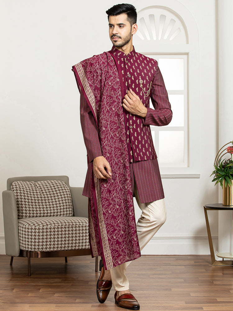 Wine Embroidered Nehru Jacket Set with Dupatta