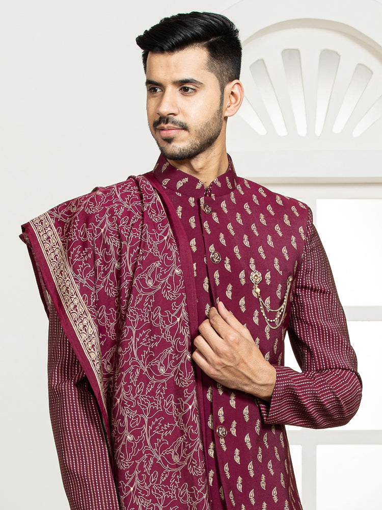 Wine Embroidered Nehru Jacket Set with Dupatta