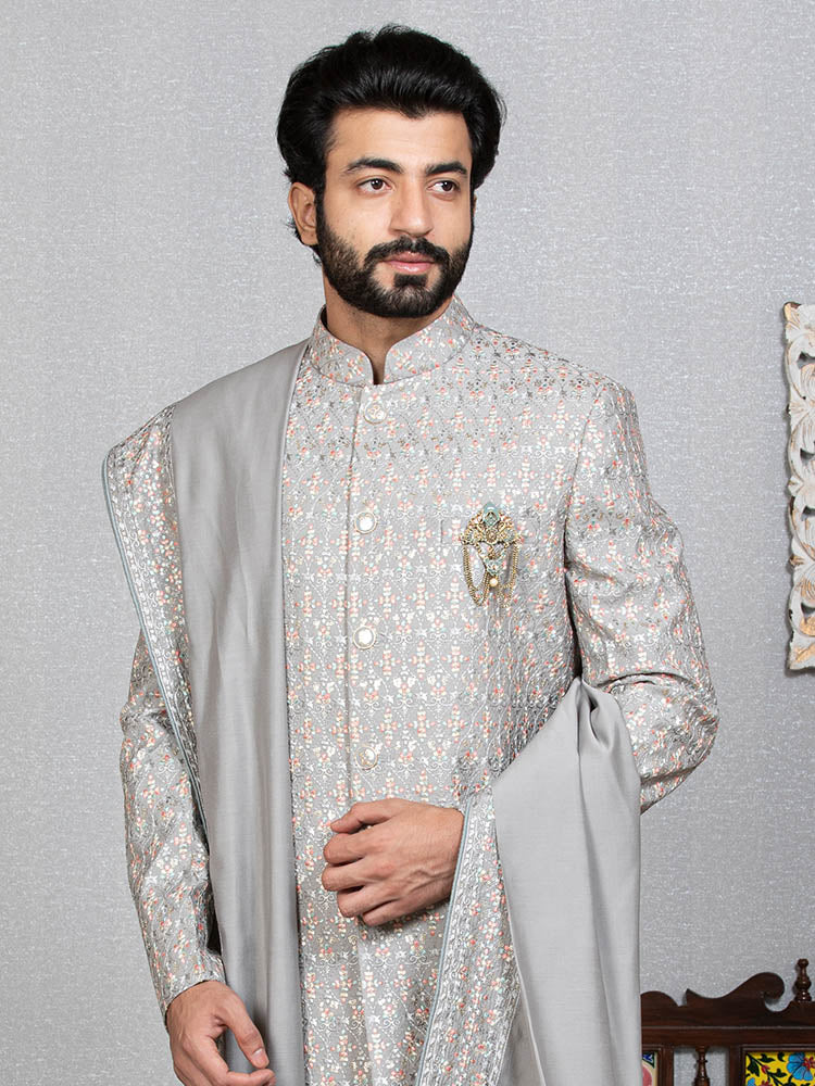 Grey Kaushik Silk Embroidered Sherwani Set with Dupatta