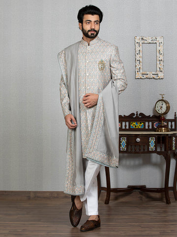 Grey Kaushik Silk Embroidered Sherwani Set with Dupatta