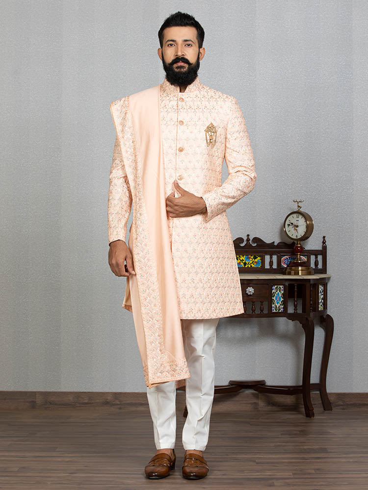 Peach Kaushik Silk Embroidered Sherwani Set with Dupatta
