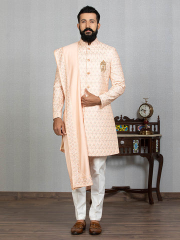 Peach Kaushik Silk Embroidered Sherwani Set with Dupatta