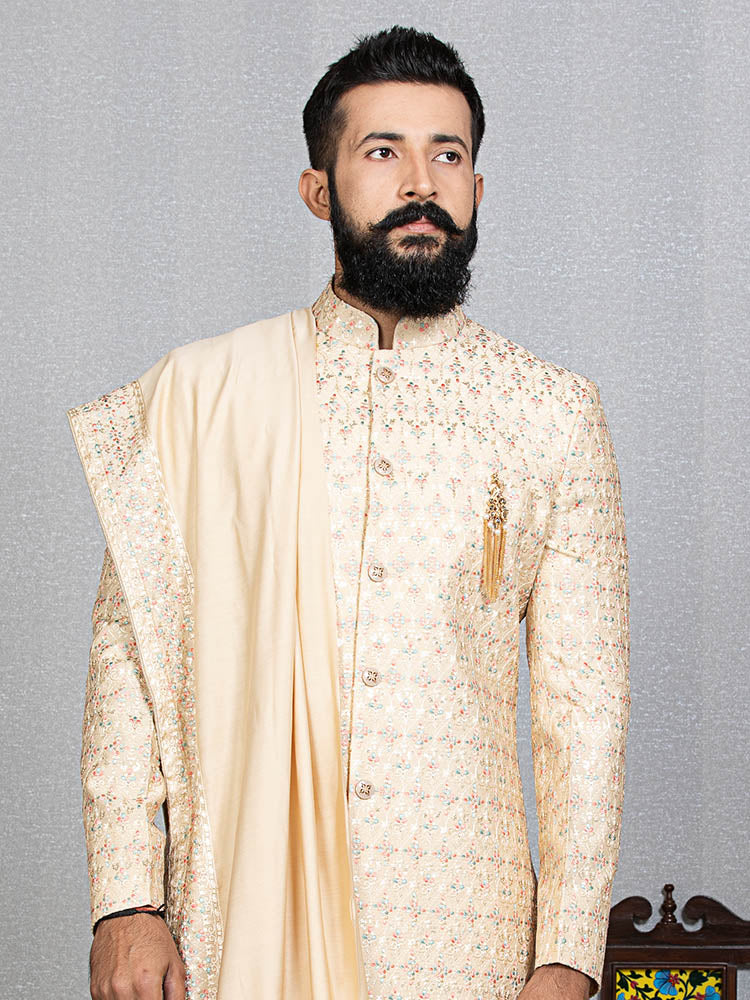 Lemon Kaushik Silk Embroidered Sherwani Set with Dupatta