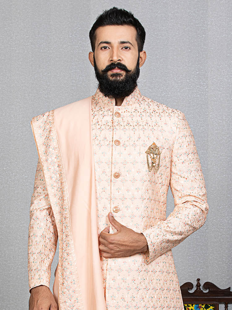 Peach Kaushik Silk Embroidered Sherwani Set with Dupatta