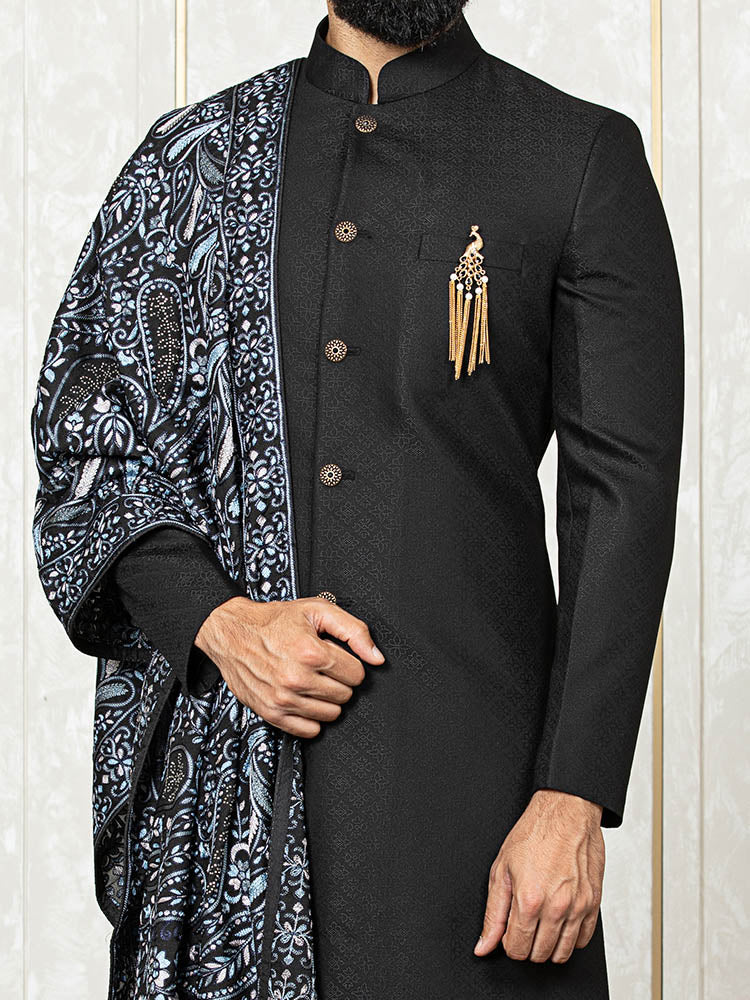 Black Brocade Sherwani Set with Embroidered Dupatta