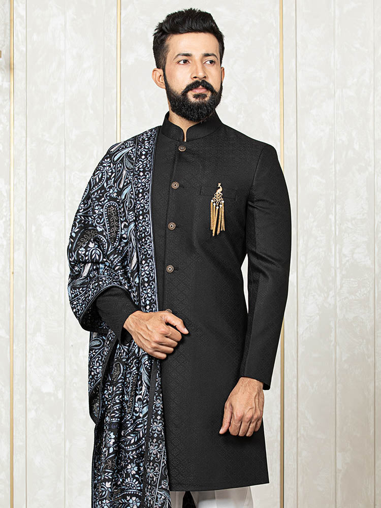 Black Brocade Sherwani Set with Embroidered Dupatta