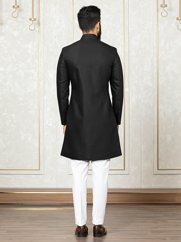 Black Brocade Sherwani Set with Embroidered Dupatta