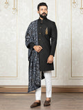 Black Brocade Sherwani Set with Embroidered Dupatta