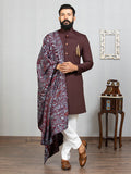 Wine Brocade Sherwani Set with Embroidered Dupatta