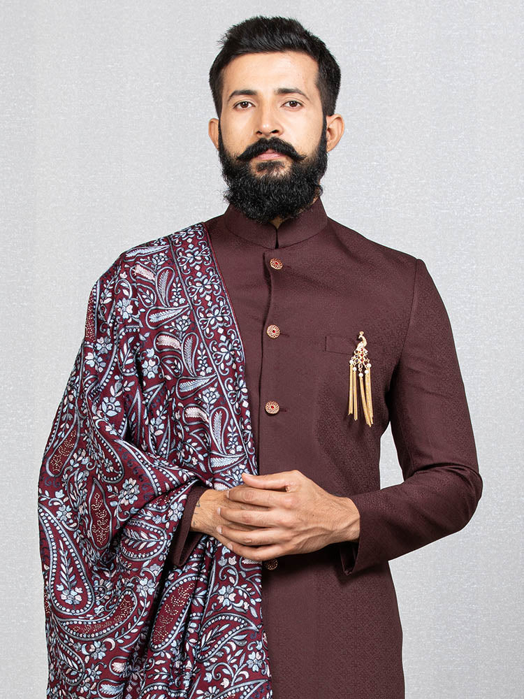 Wine Brocade Sherwani Set with Embroidered Dupatta