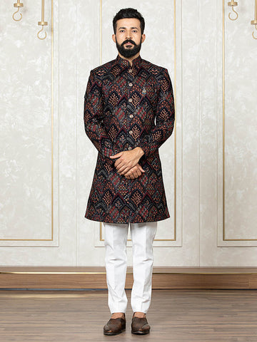 Navy Velvet Embroidered Sherwani Set with Dupatta