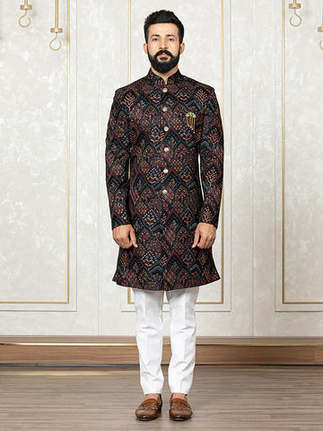 Rama Green Velvet Embroidered Sherwani Set with Dupatta