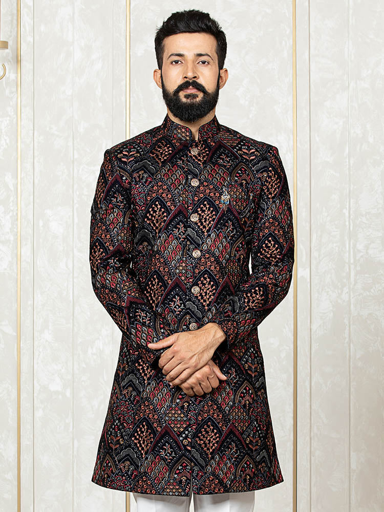 Navy Velvet Embroidered Sherwani Set with Dupatta