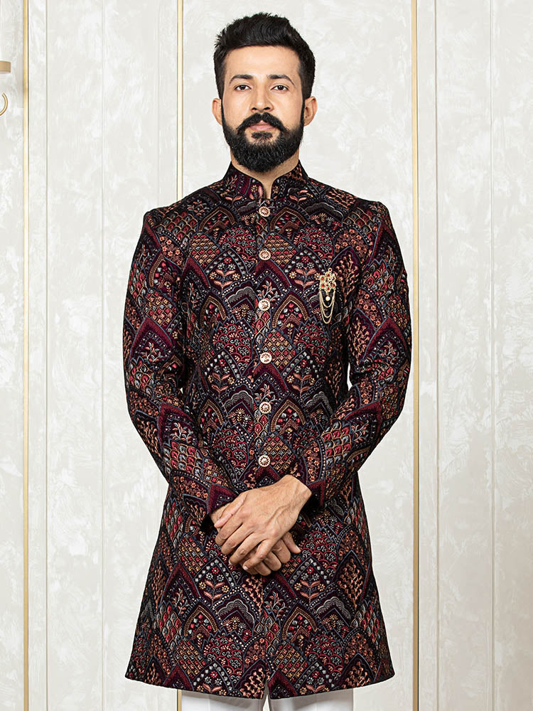 Wine Velvet Embroidered Sherwani Set