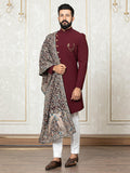 Maroon Brocade Sherwani Set with Embroidered Dupatta