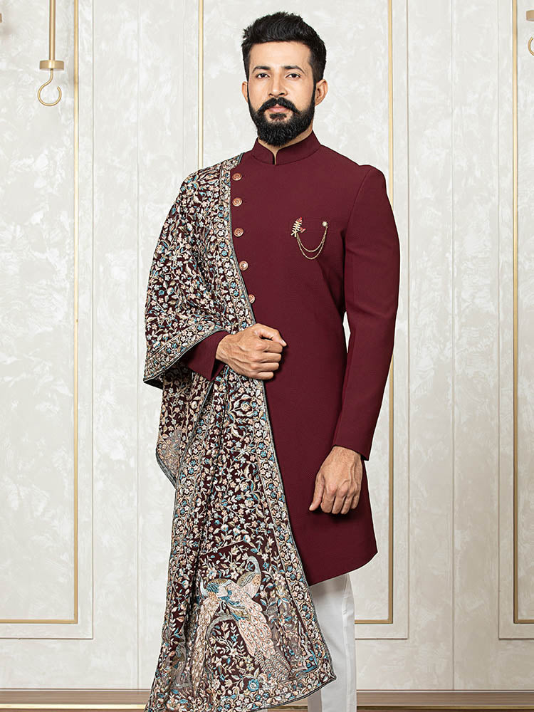 Maroon Brocade Sherwani Set with Embroidered Dupatta