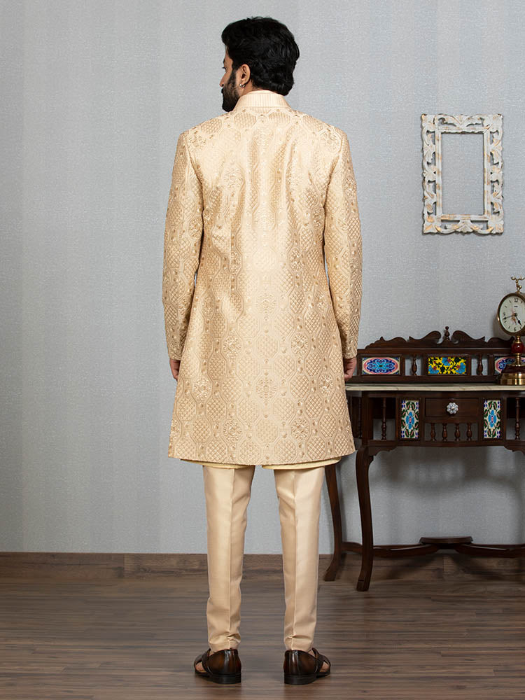 Fawn Katan Silk Embroidered Jacket With Kurta Set