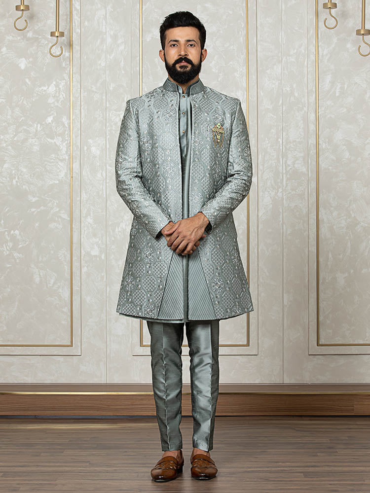 Pista Green Katan Silk Embroidered Jacket With Kurta Set