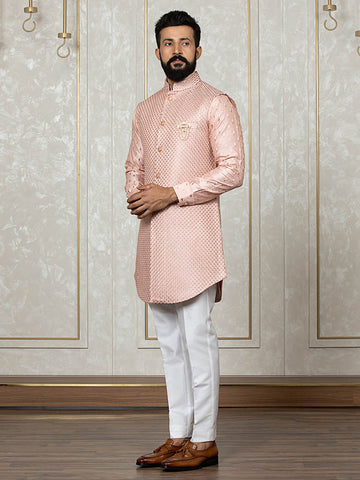 Pink Fire Silk Embroidered Jacket with Front Open Kurta Set