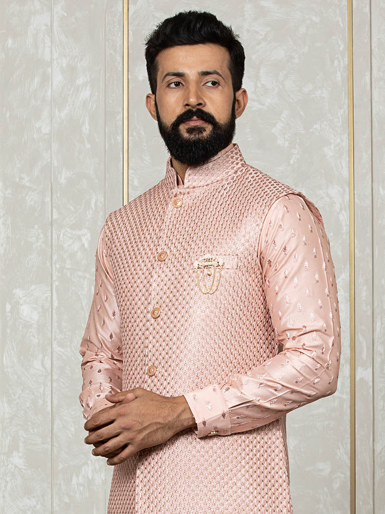 Pink Fire Silk Embroidered Jacket with Front Open Kurta Set