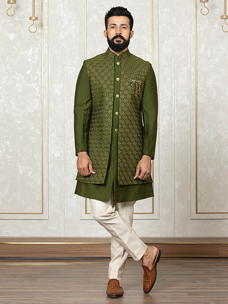 Mehndi Green Russian Silk Embroidered Jacket with Front Open Kurta Set