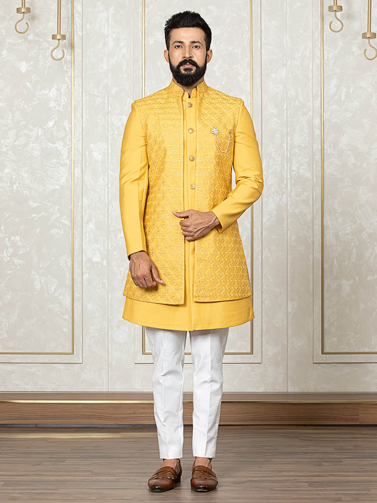 Yellow Russian Silk Embroidered Jacket with Front Open Kurta Set