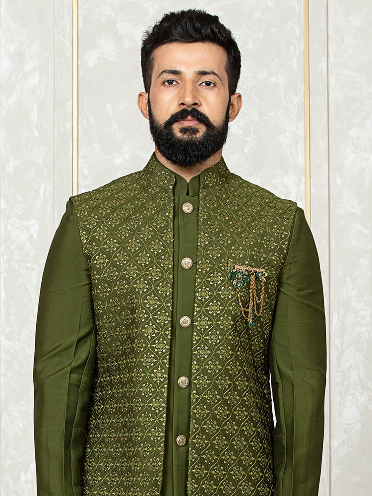 Mehndi Green Russian Silk Embroidered Jacket with Front Open Kurta Set