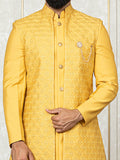 Yellow Russian Silk Embroidered Jacket with Front Open Kurta Set