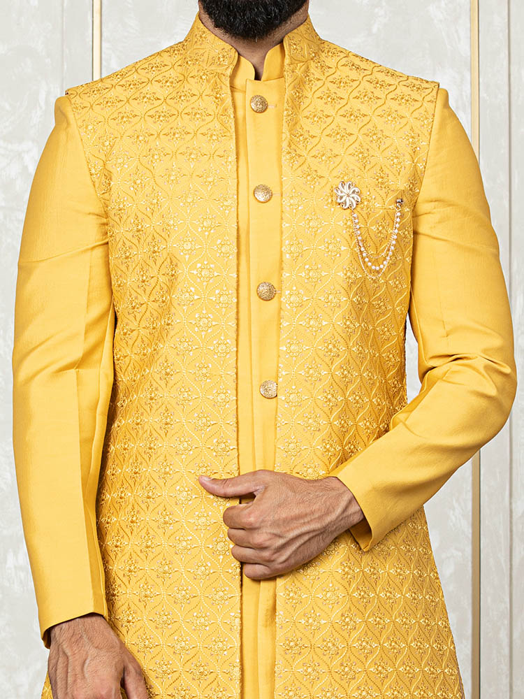 Yellow Russian Silk Embroidered Jacket with Front Open Kurta Set