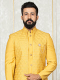 Yellow Russian Silk Embroidered Jacket with Front Open Kurta Set