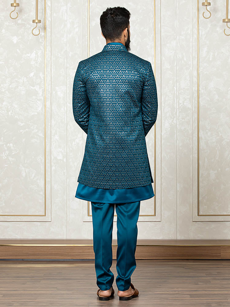 Back Pose of Men in Blue Indo Western Kurta