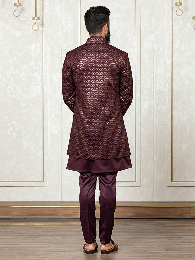 Woven Cotton Jacquard Nehru Jacket in Beige and Wine : MTE43