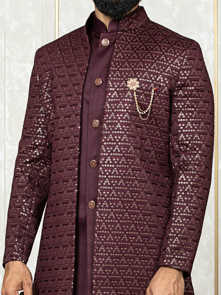Wine Satin Silk Embroidered Jacket with Front Open Kurta Set