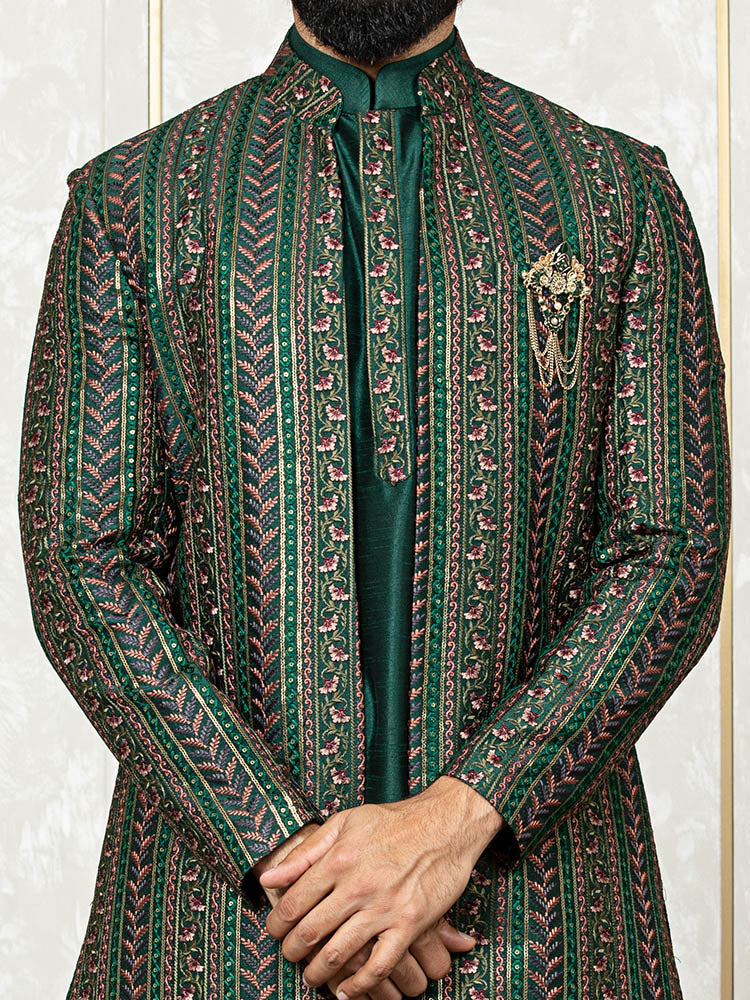 Green Katan Silk Embroidered Jacket with Kurta Set
