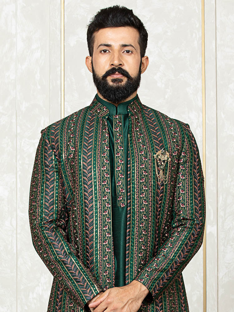 Green Katan Silk Embroidered Jacket with Kurta Set