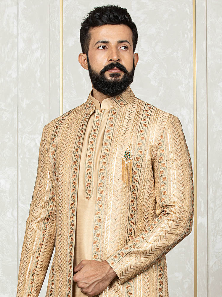 Khaki Katan Silk Embroidered Jacket with Kurta Set