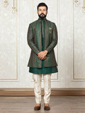 Green Katan Silk Embroidered Jacket with Kurta Set