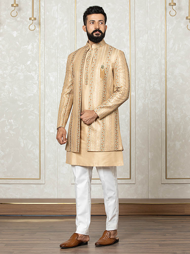 Khaki Katan Silk Embroidered Jacket with Kurta Set