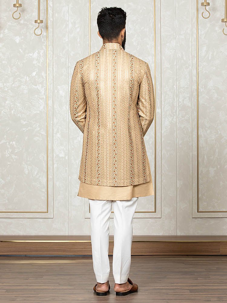 Khaki Katan Silk Embroidered Jacket with Kurta Set