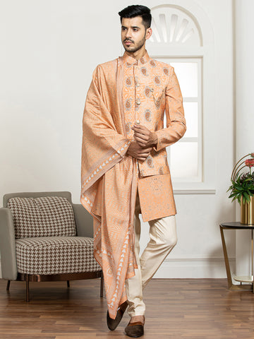 Peach Printed Nehru Jacket Set with Dupatta