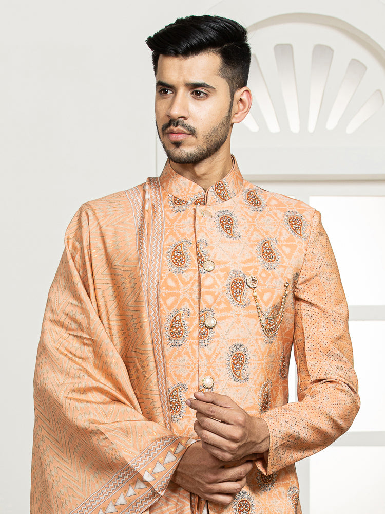 Peach Printed Nehru Jacket Set with Dupatta