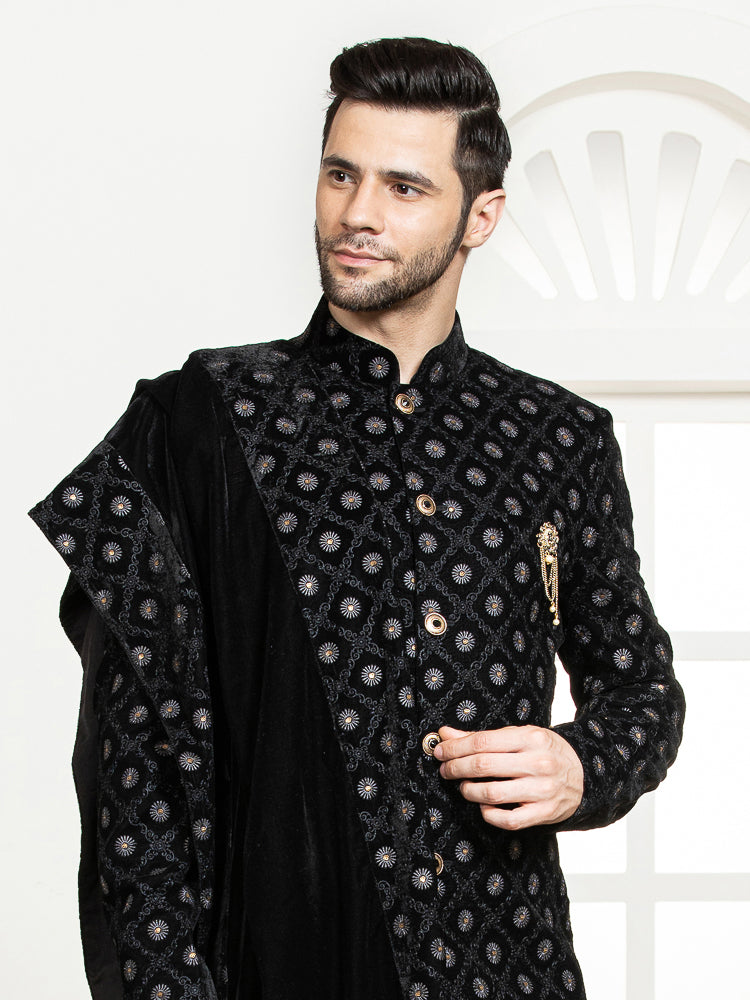 Black Velvet Embroidered Sherwani Set with Dupatta