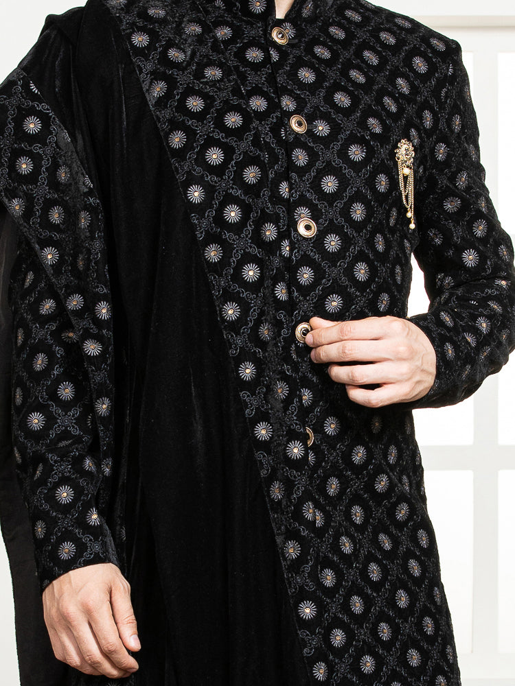 Black Velvet Embroidered Sherwani Set with Dupatta