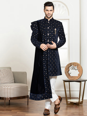 Navy Velvet Embroidered Sherwani Set with Dupatta