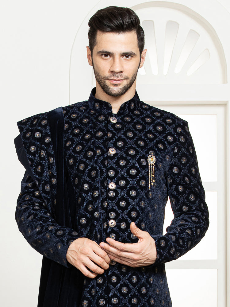 Navy Velvet Embroidered Sherwani Set with Dupatta