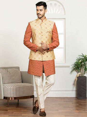 Khaki Printed Nehru Jacket Set