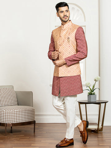 Peach Printed Nehru Jacket Set